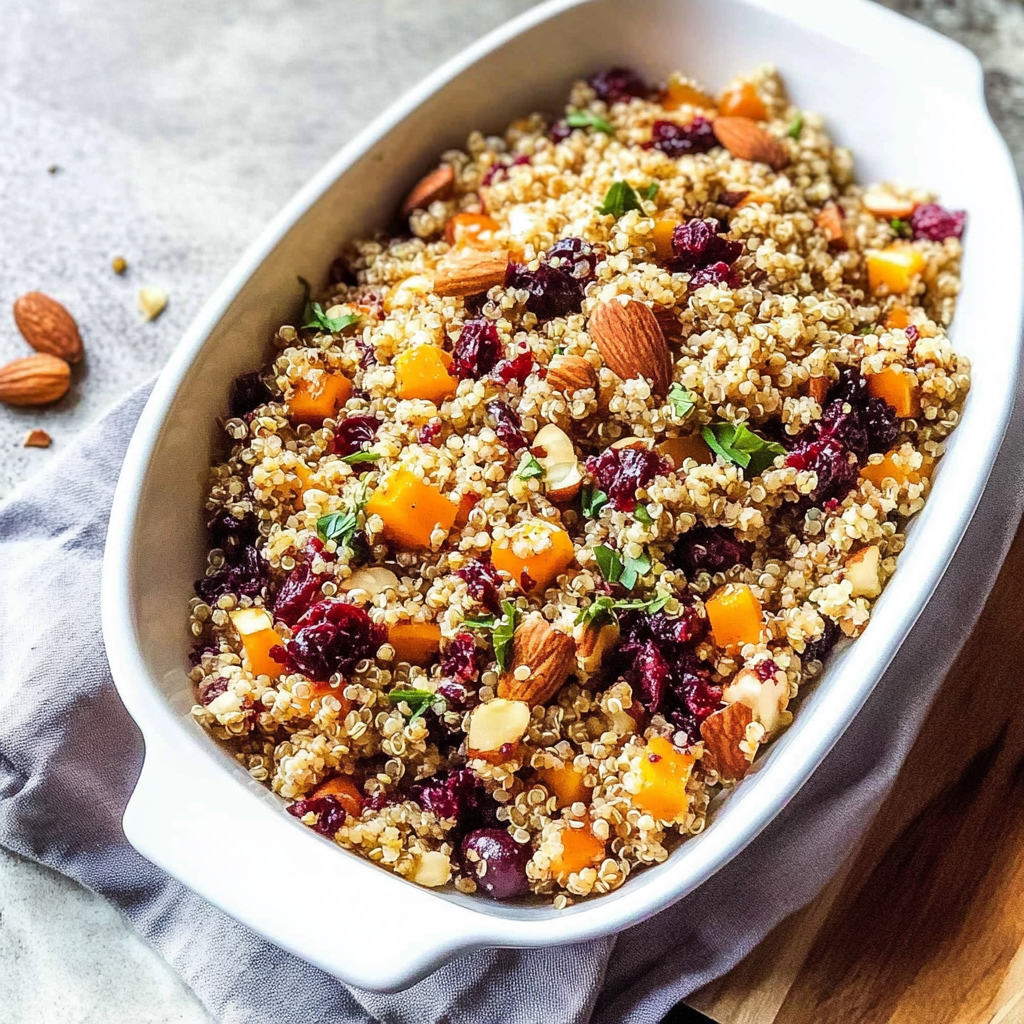 Recipe preparation for harvest quinoa salad with cranberries and pecans
