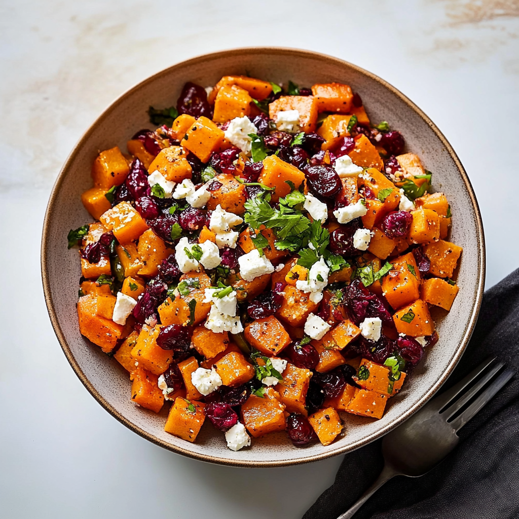 Recipe preparation for Sweet Potato Salad with Feta and Cranberries