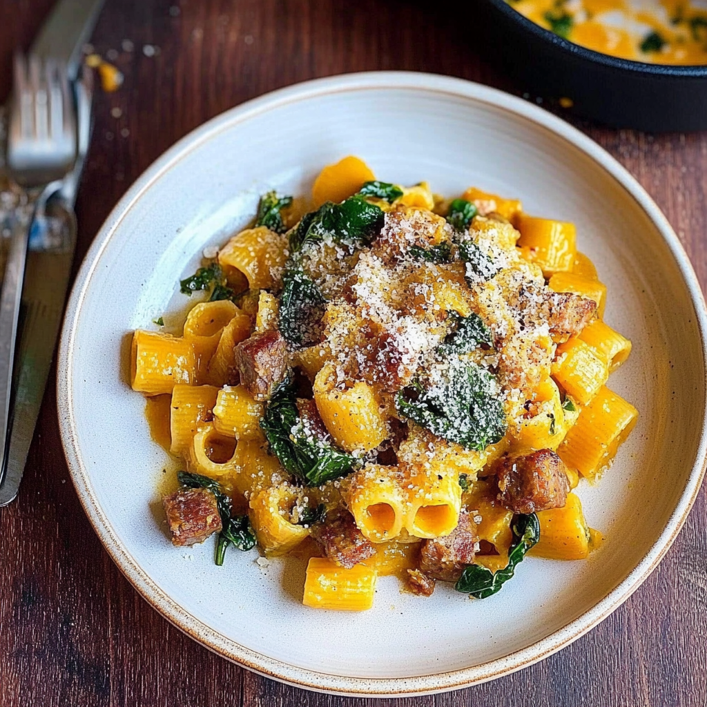 Recipe preparation for Creamy Butternut Squash Pasta with Sausage and Spinach