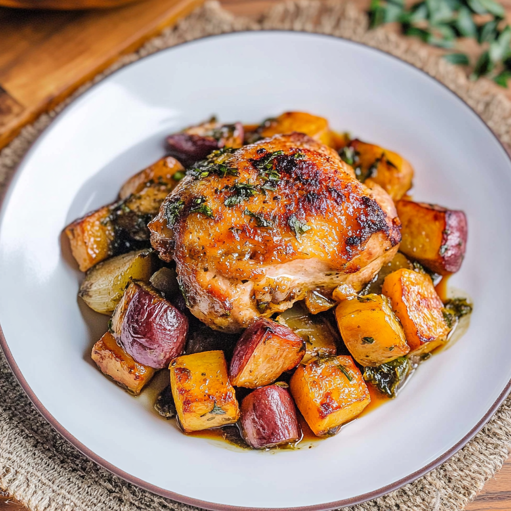 Recipe preparation for One-Pan Maple Dijon Chicken & Root Vegetables