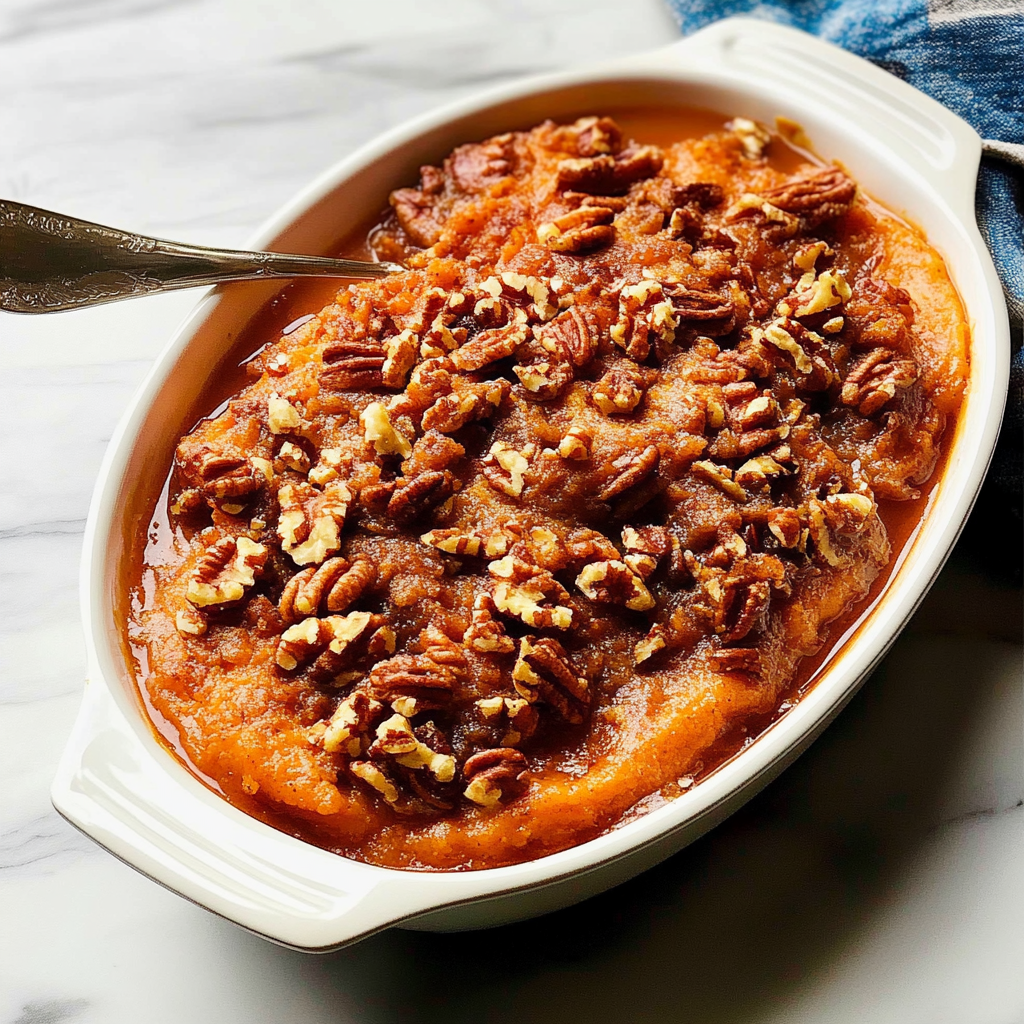 Recipe preparation for Maple Pecan Sweet Potato Casserole