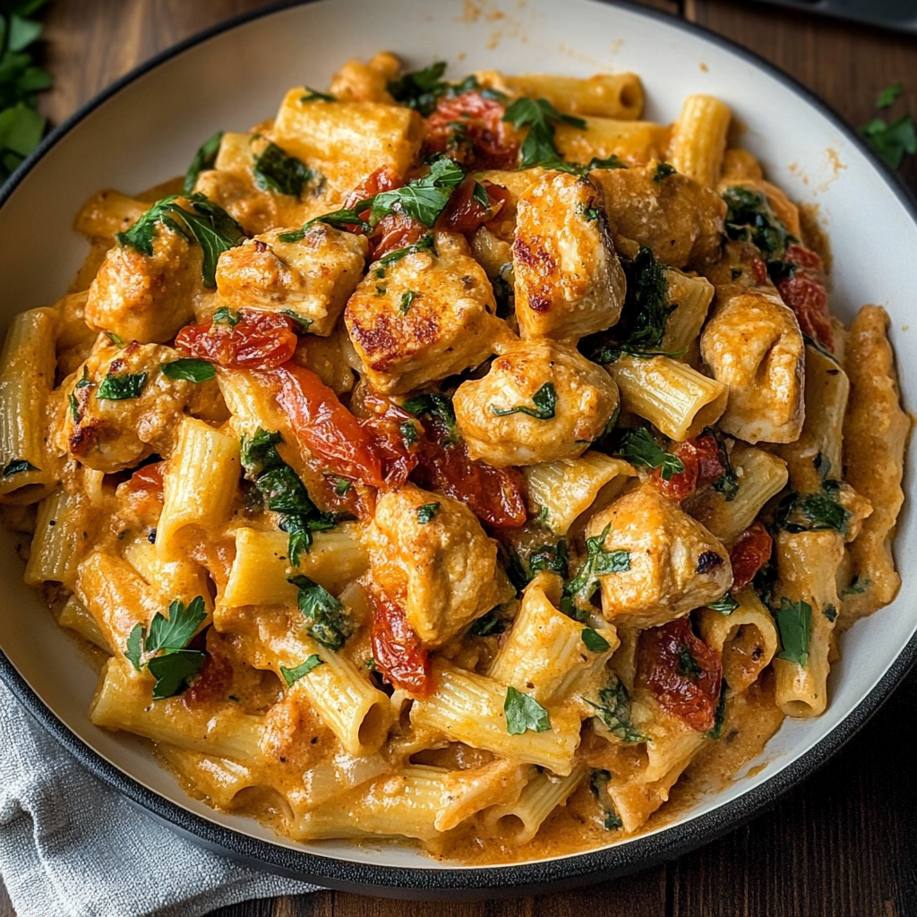 Recipe preparation for Tuscan Garlic Chicken Bites & Sun-Dried Tomato Cajun Alfredo Pasta