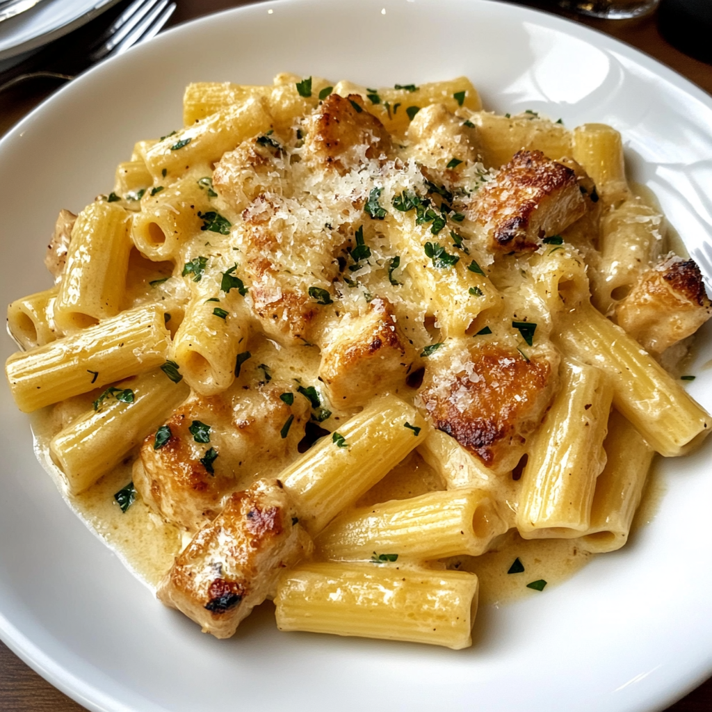 Recipe preparation for Creamy Garlic Butter Chicken Rigatoni