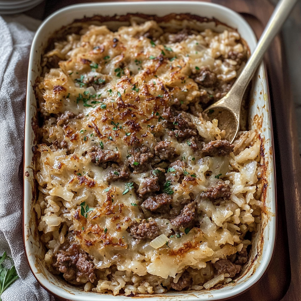 Recipe preparation for French Onion Beef and Rice Casserole Recipe
