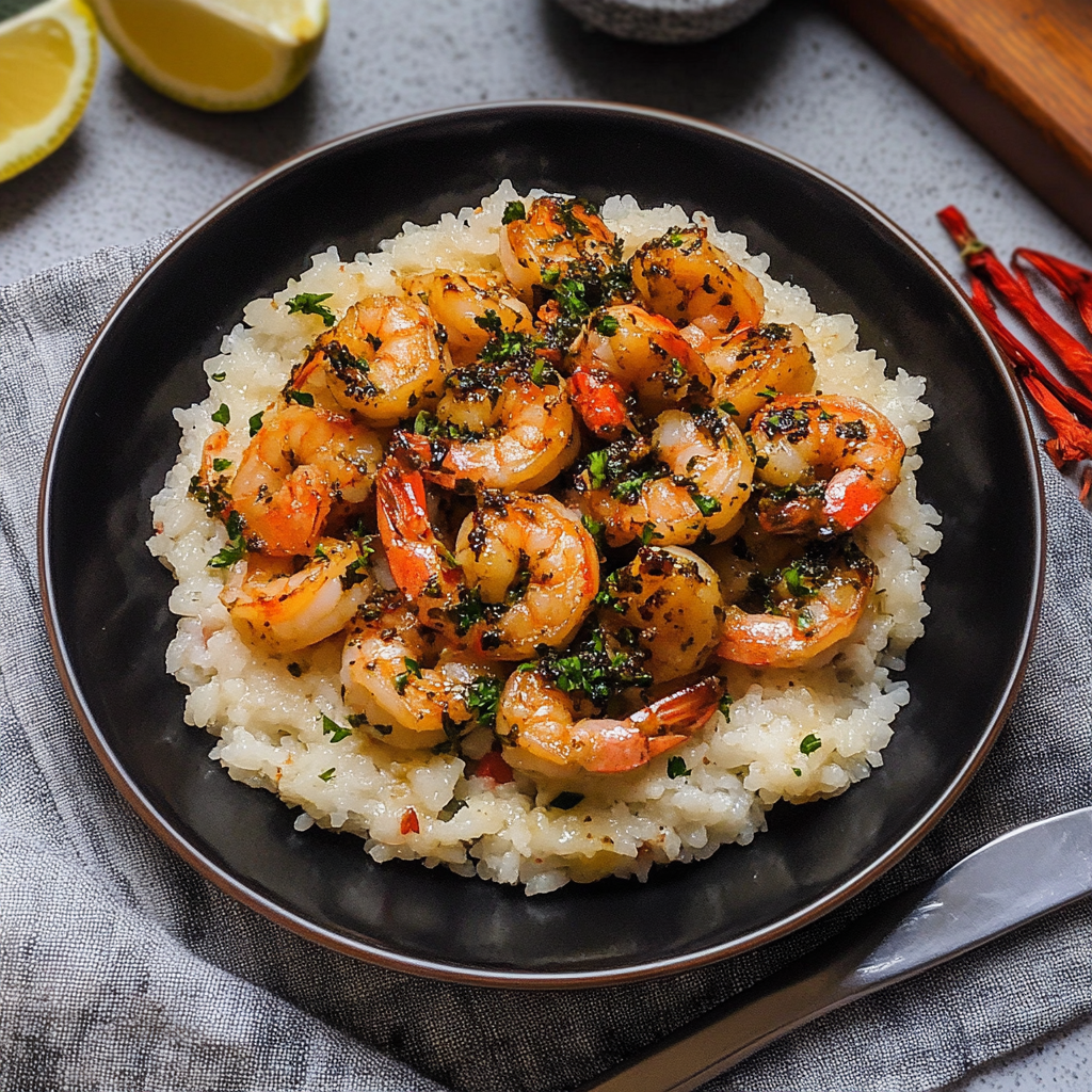 Recipe preparation for Creamy Garlic Butter Shrimp Bowl with Herb Rice