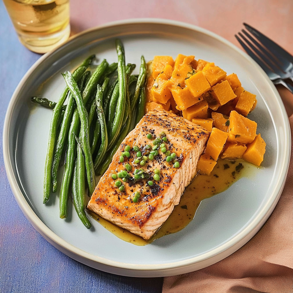 Recipe preparation for Maple-Chipotle Salmon with Sweet Potato and Green Beans