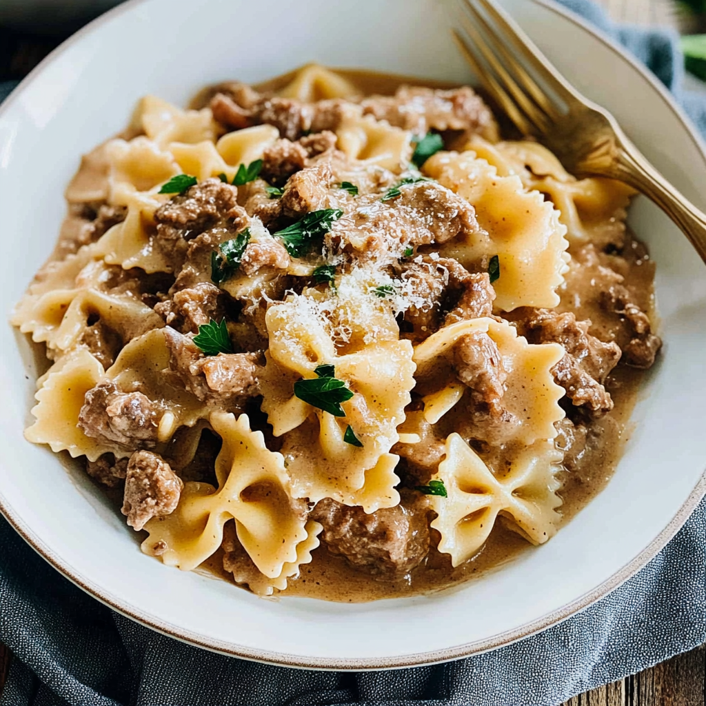 Recipe preparation for Beef and Bowtie Pasta with Alfredo Sauce