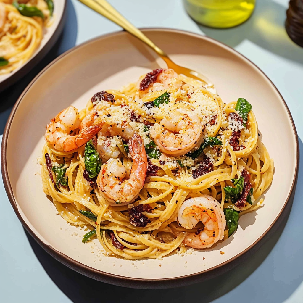 Recipe preparation for 30 minute Creamy Sun-Dried Tomato Shrimp Linguine