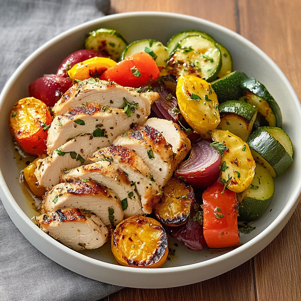 Recipe preparation for Herb Chicken & Roasted Veggie Bake