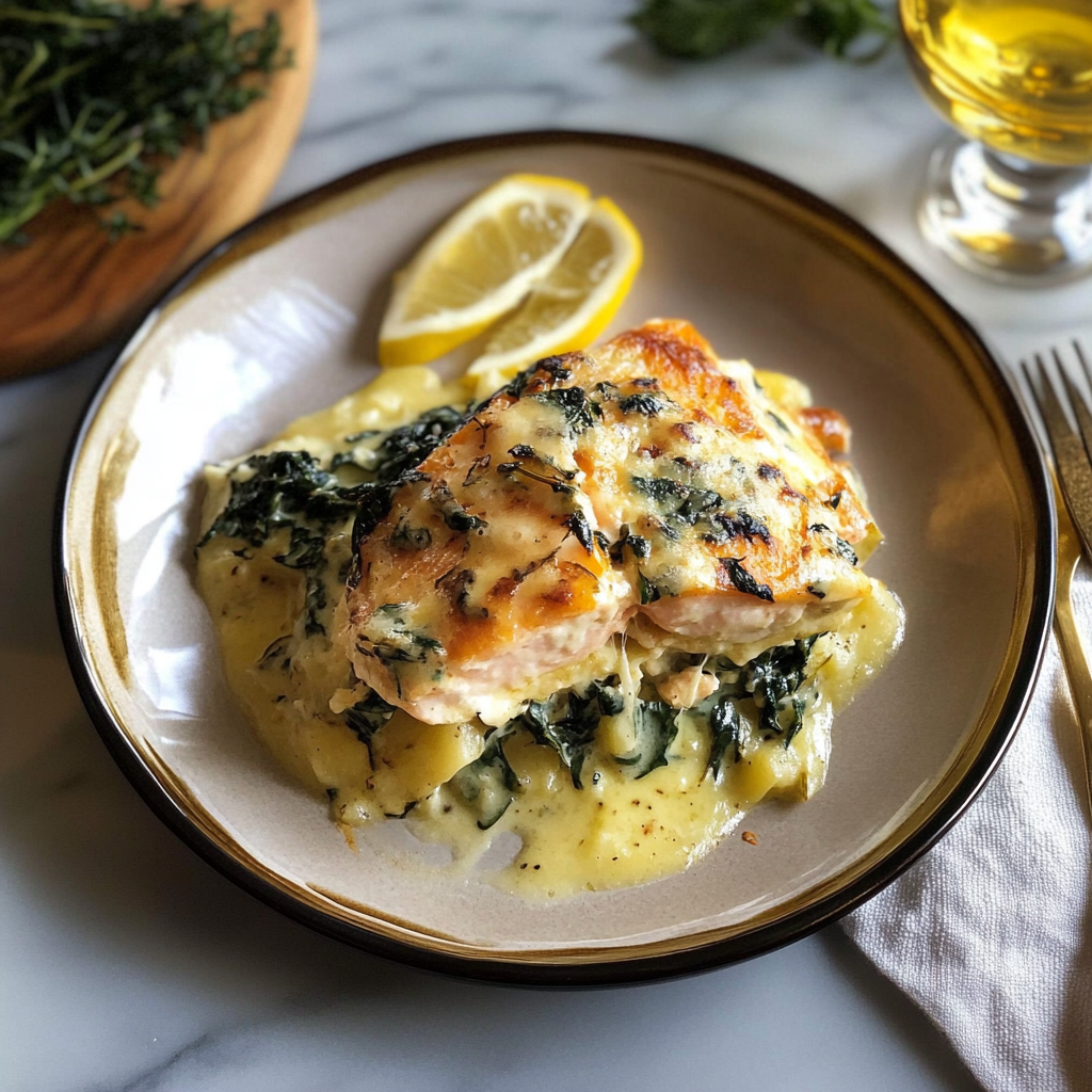 Recipe preparation for creamy potato gratin with salmon and spinach