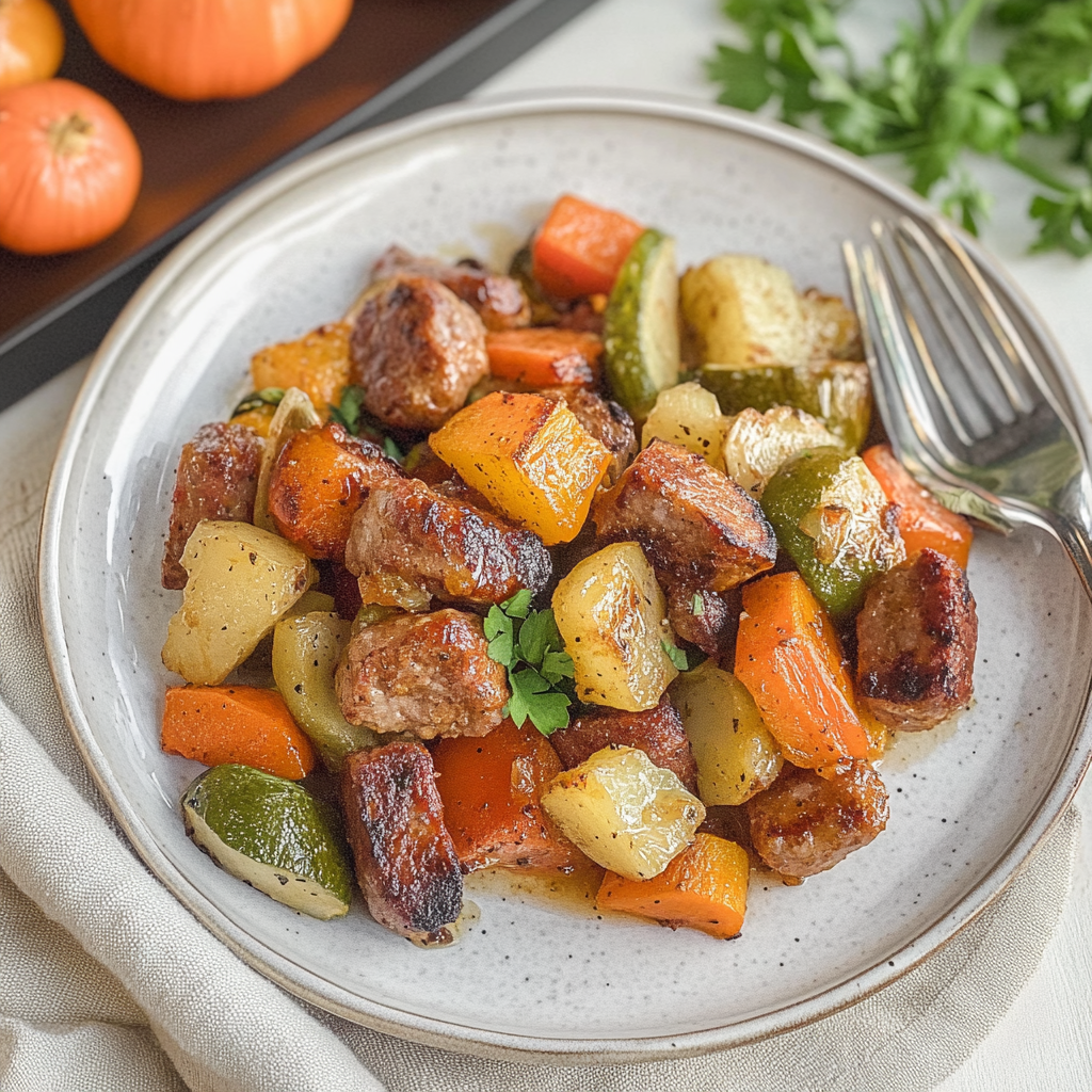Recipe preparation for Sheet Pan Sausage and Fall Vegetables (Apples, Squash)