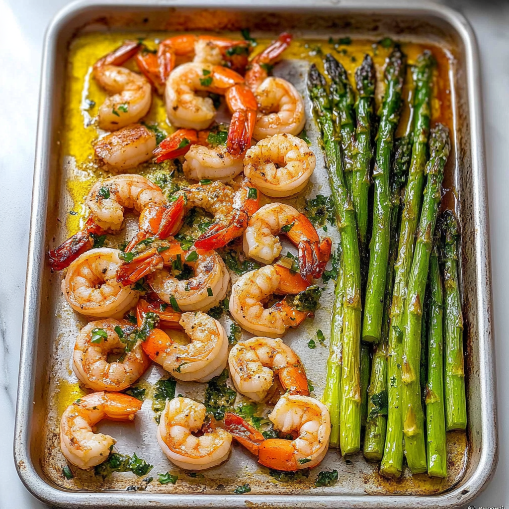 Recipe preparation for Sheet Pan Garlic Butter Shrimp and Asparagus