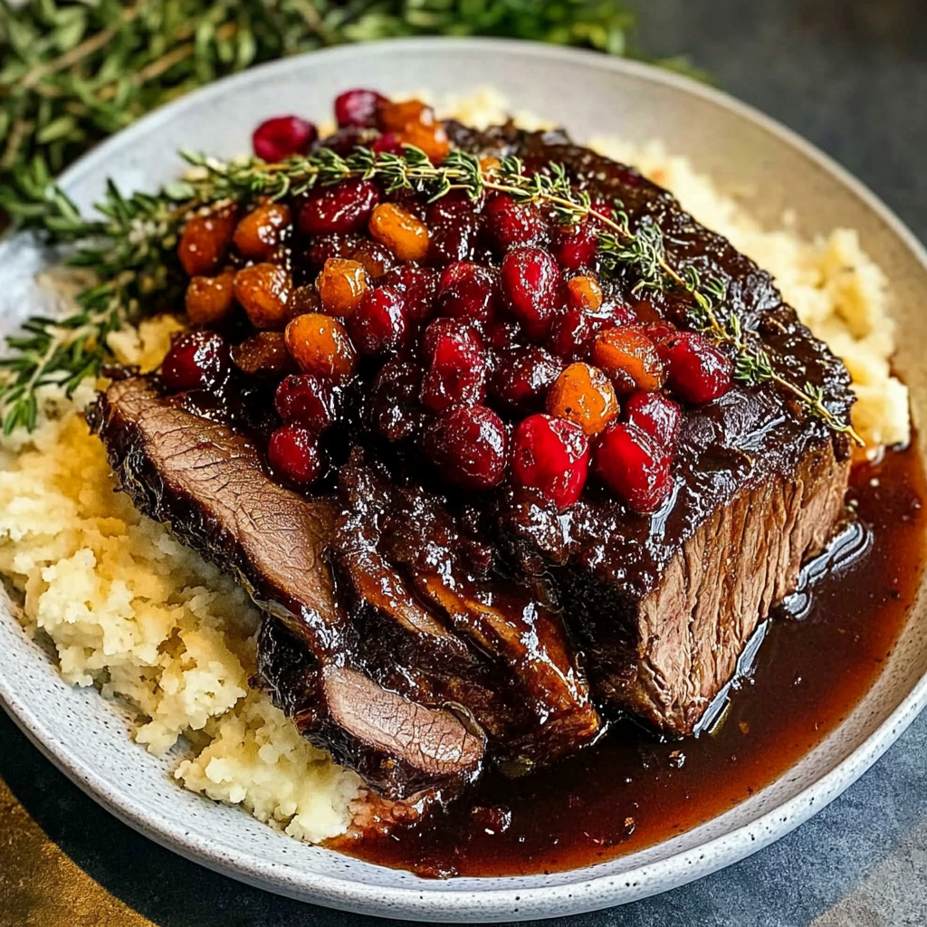 Recipe preparation for Slow-Braised Beef Roast with Cranberry Balsamic Glaze