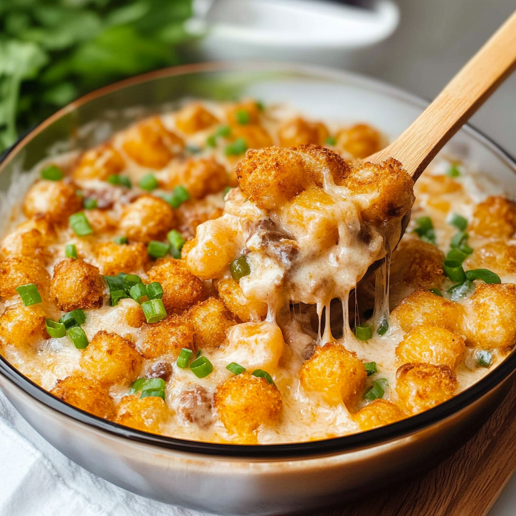 Recipe preparation for Tater Tot Casserole with Cream of Mushroom Soup