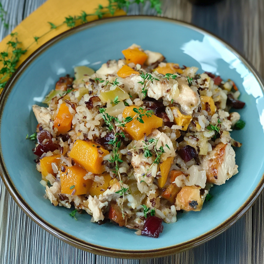 Recipe preparation for Butternut Squash, Chicken, and Wild Rice casserole