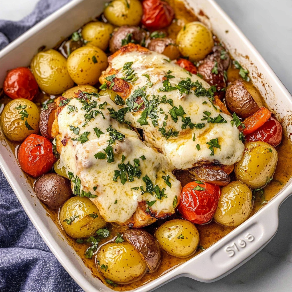 Recipe preparation for Sheet Pan Mozzarella Chicken, Potatoes and Vegetables