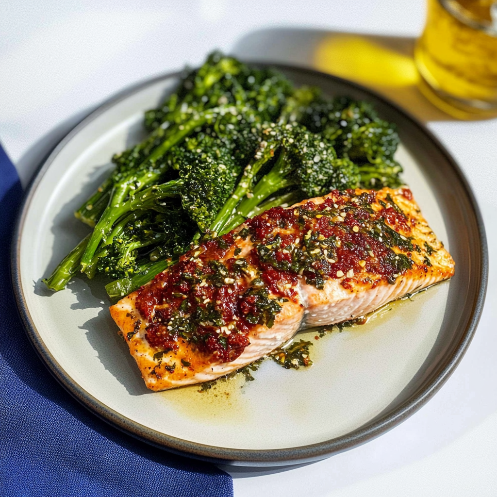 Recipe preparation for Buttery Baked Salmon with Broccolini