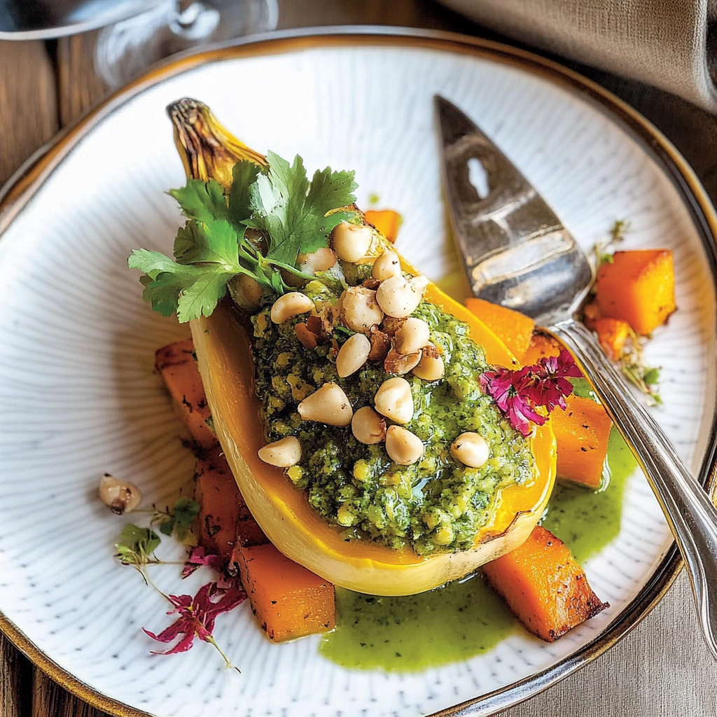 Recipe preparation for Spicy Butternut Squash with Pumpkin Seed Pesto