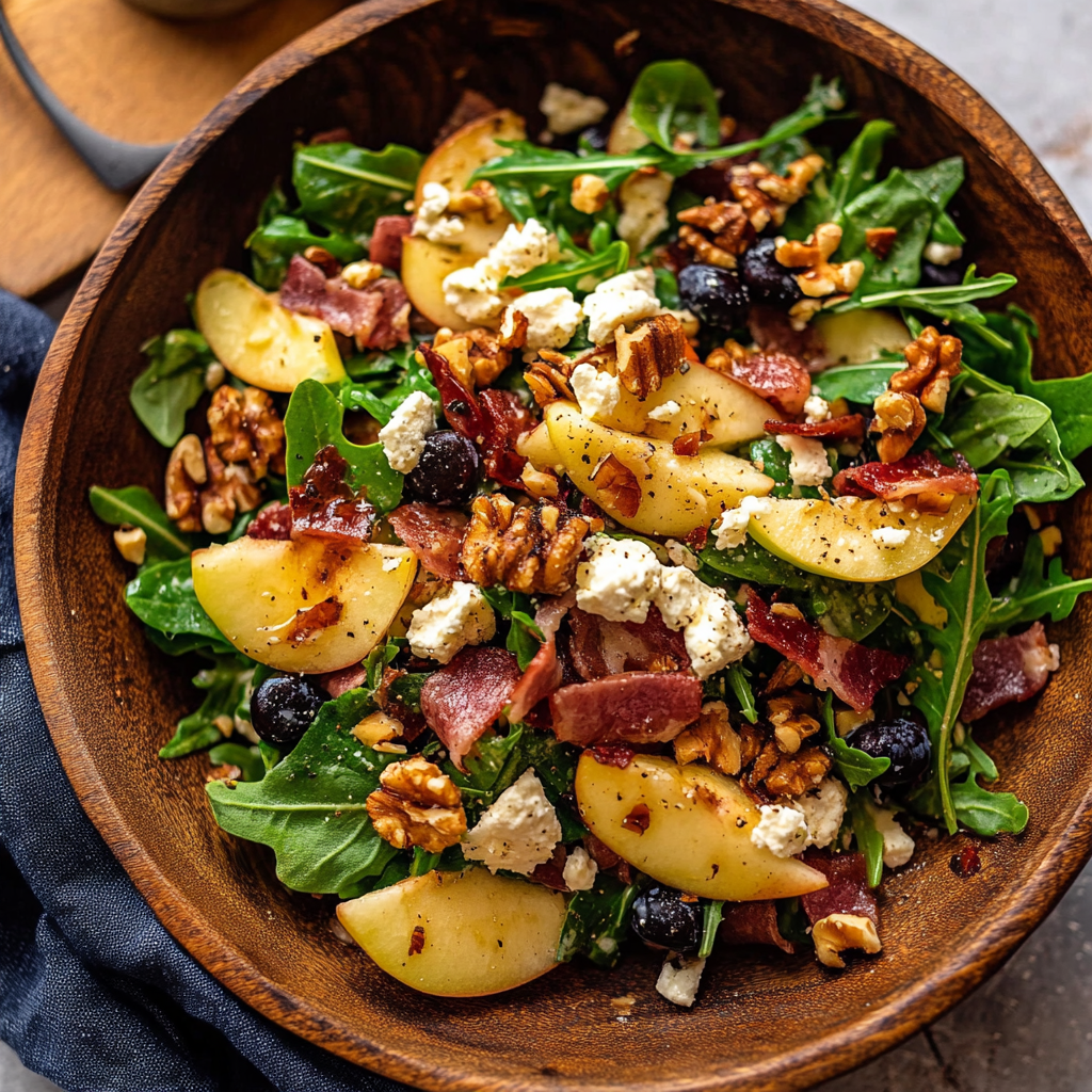 Recipe preparation for Apple Walnut Salad with Bacon & Gorgonzola