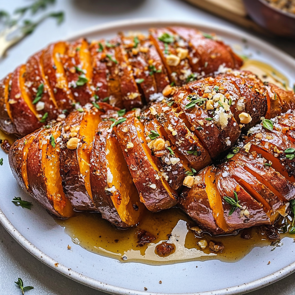 Recipe preparation for Hasselback Sweet Potatoes with Maple Syrup