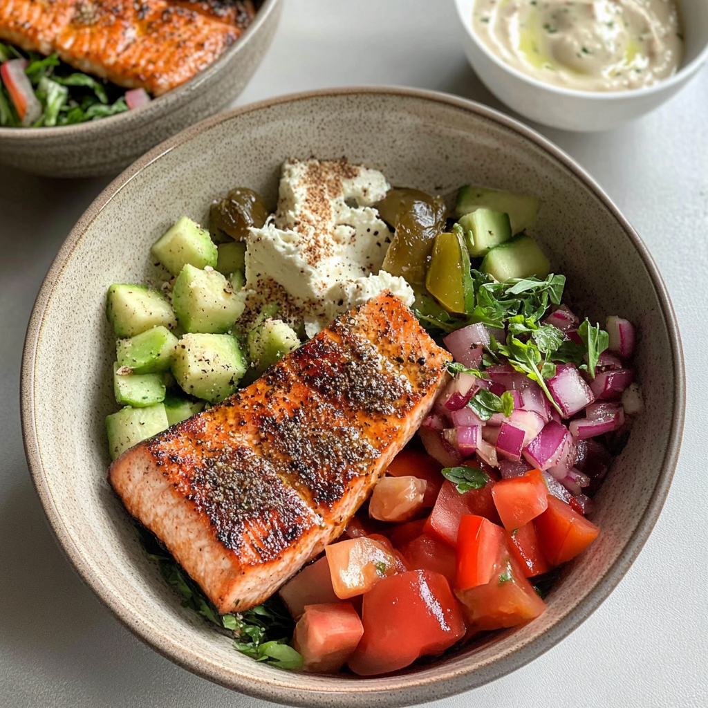 Recipe preparation for Healthy Mediterranean Salmon Bowls