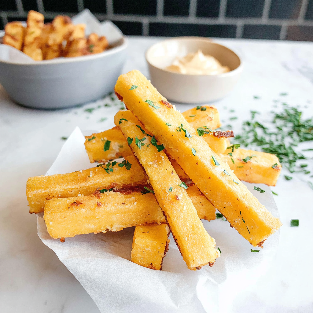 Recipe preparation for Crispy Polenta Fries with Truffle Aioli
