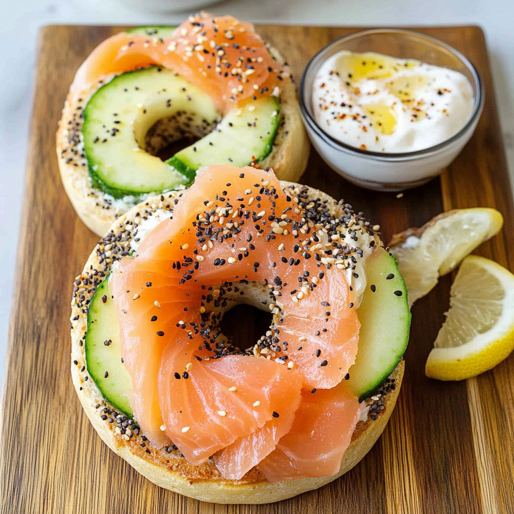 Recipe preparation for Smoked Salmon Breakfast Bagel with Everything Seasoning