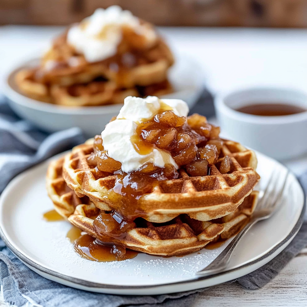 Recipe preparation for Belgian Waffles with Spiced Apple Compote