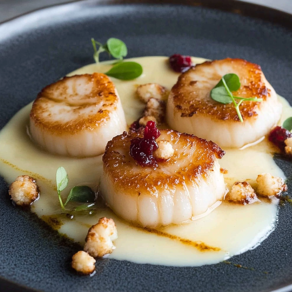 Recipe preparation for Pan-Seared Scallops with Cauliflower Puree