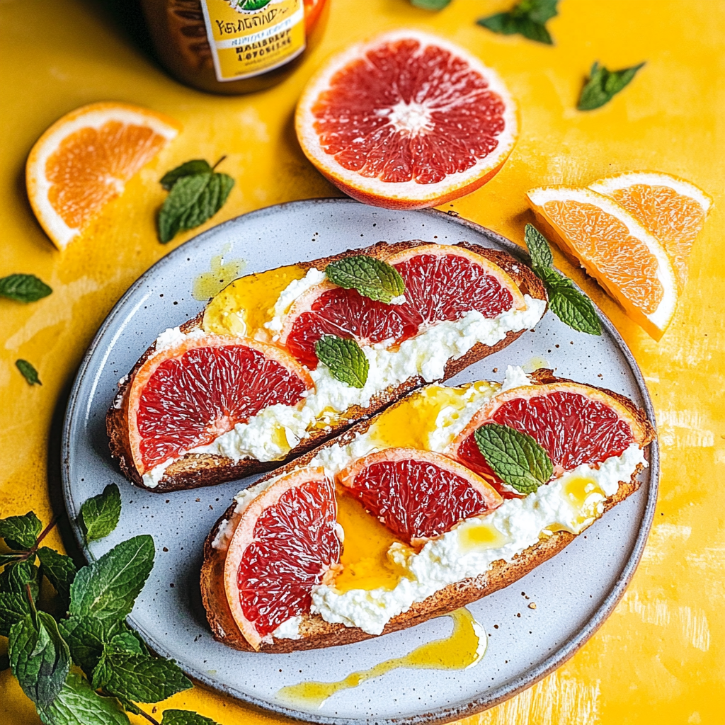 Recipe preparation for Grapefruit and Honey Ricotta Toast with Mint