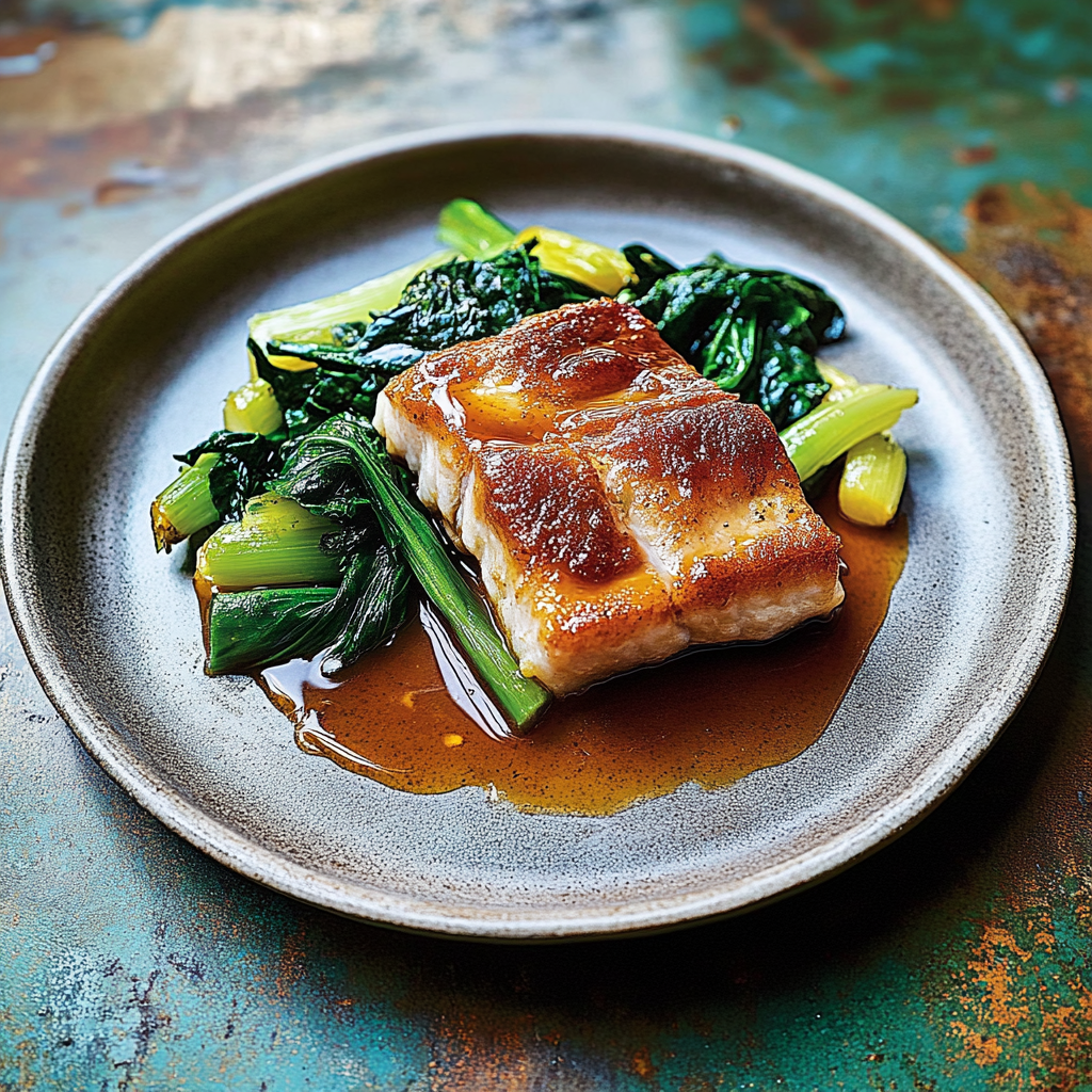 Recipe preparation for Miso-Glazed Cod with Sautéed Winter Greens