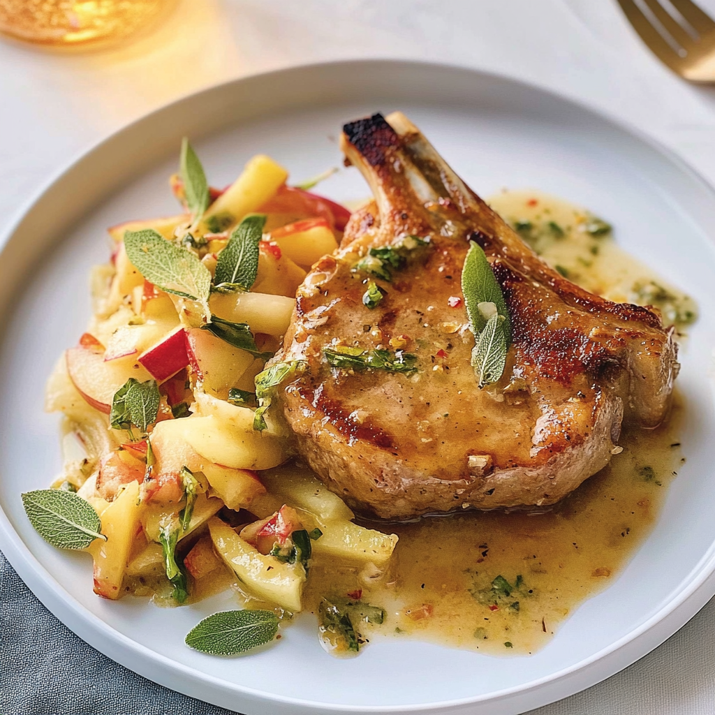Recipe preparation for Pan-Seared Pork Chops with Warm Apple Slaw