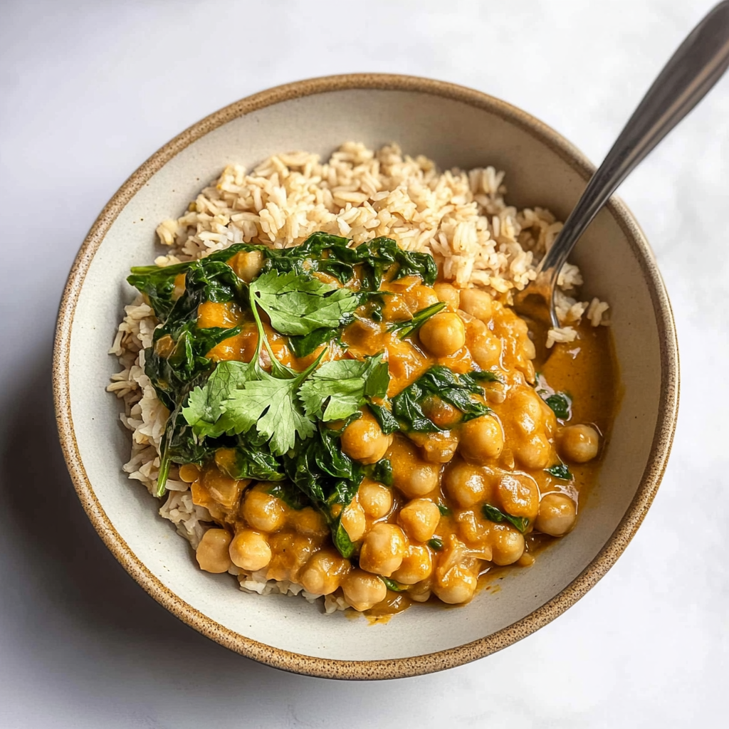 Recipe preparation for Chickpea and Spinach Curry with Brown Rice