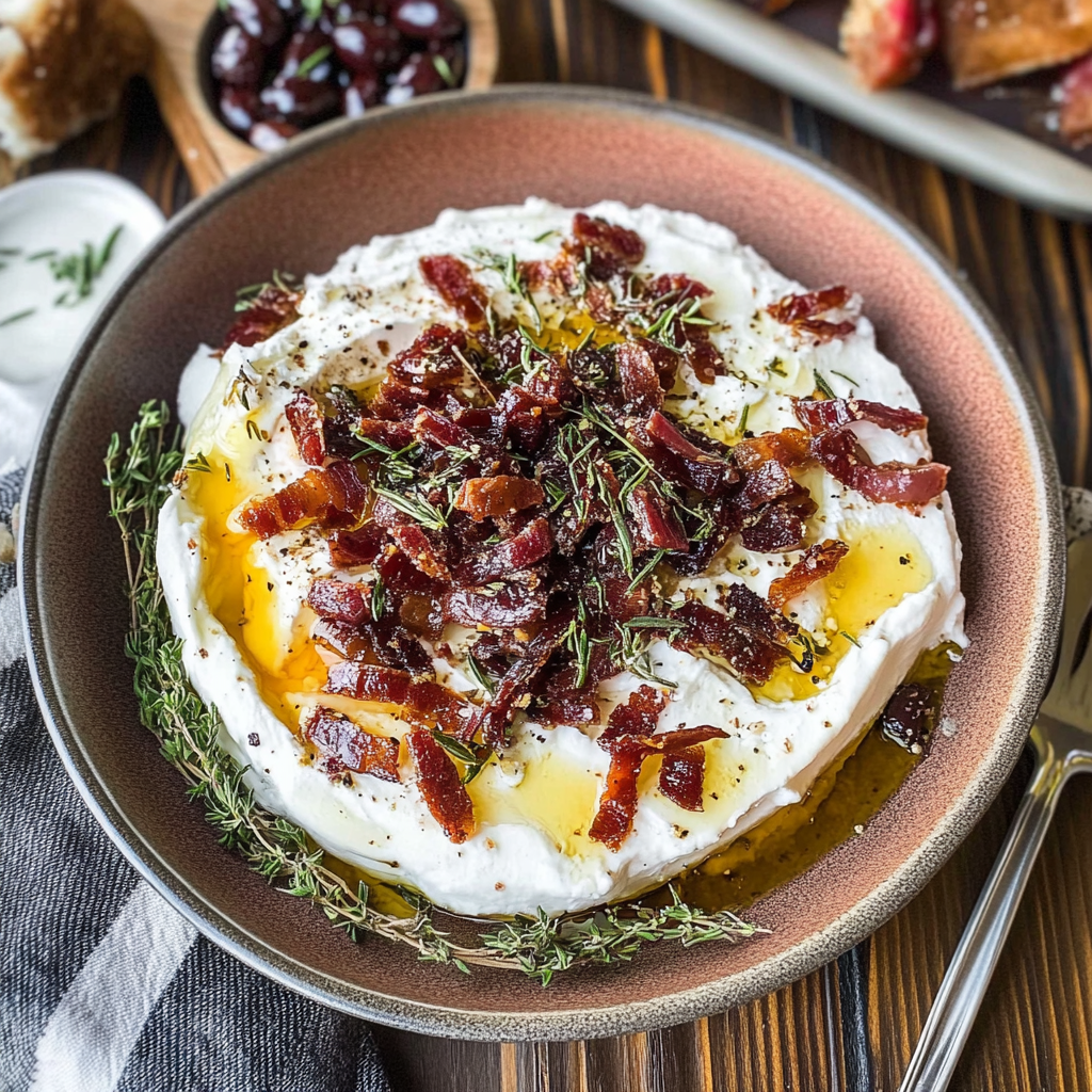 Recipe preparation for Whipped Goat Cheese with Warm Candied Bacon and Dates