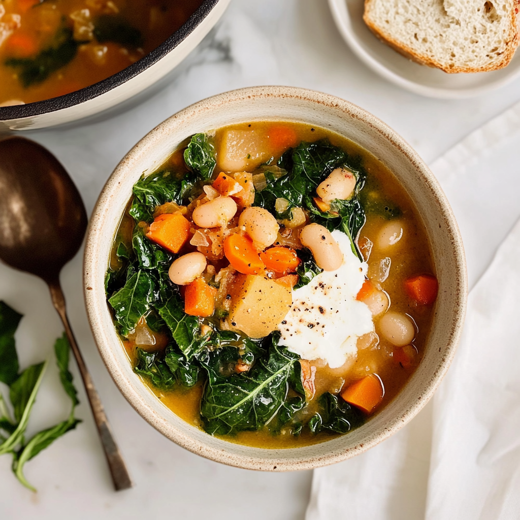 Recipe preparation for Tuscan White Bean and Kale Soup (Ribollita Style)