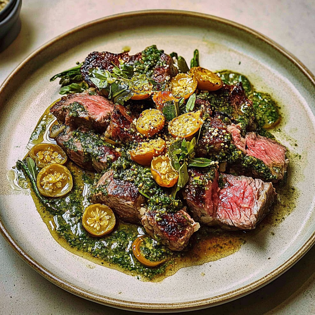 Recipe preparation for olive chimichurri steak with padron peppers