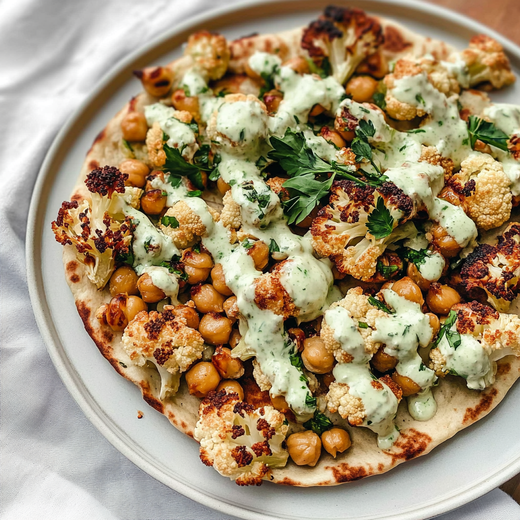 Recipe preparation for Roasted Cauliflower and Chickpea Pitas with Tahini