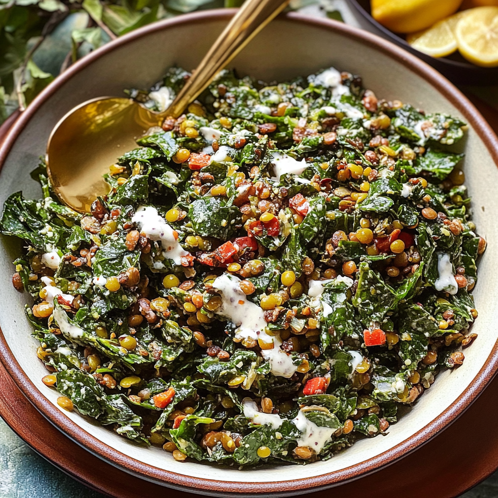 Recipe preparation for Lentil and Spinach Salad with Lemon-Tahini Vinaigrette