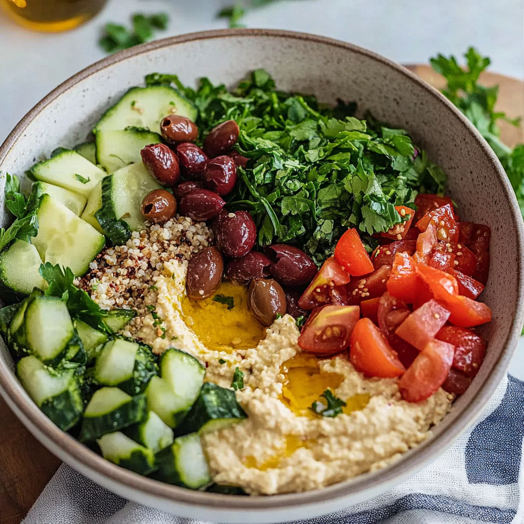 Recipe preparation for Greek Power Bowl with Quinoa, Hummus, and Kalmata Olives