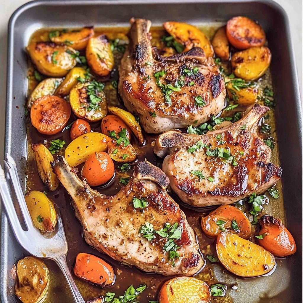 Recipe preparation for Sheet Pan Maple-Mustard Pork Tenderloin with Root Veggies