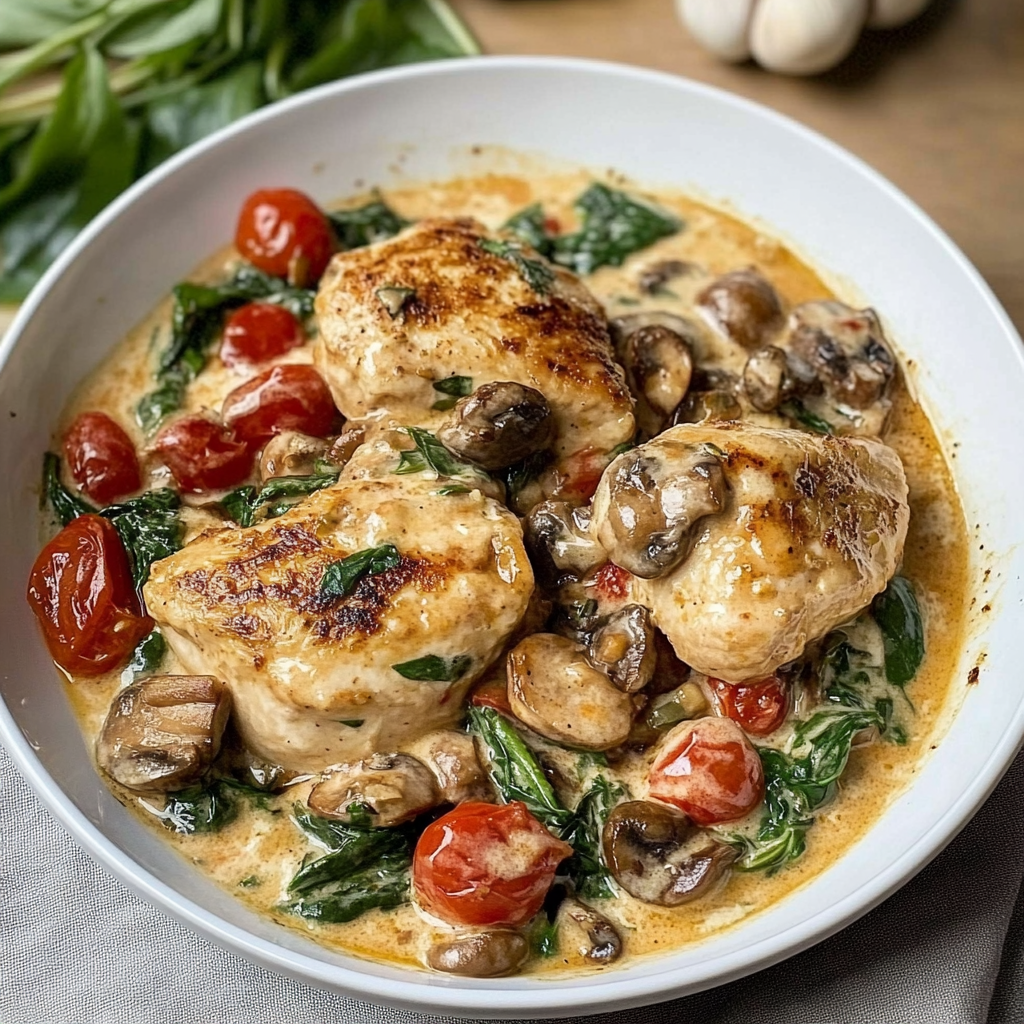 Recipe preparation for Slow Cooker Tuscan Chicken with Mushrooms & Spinach