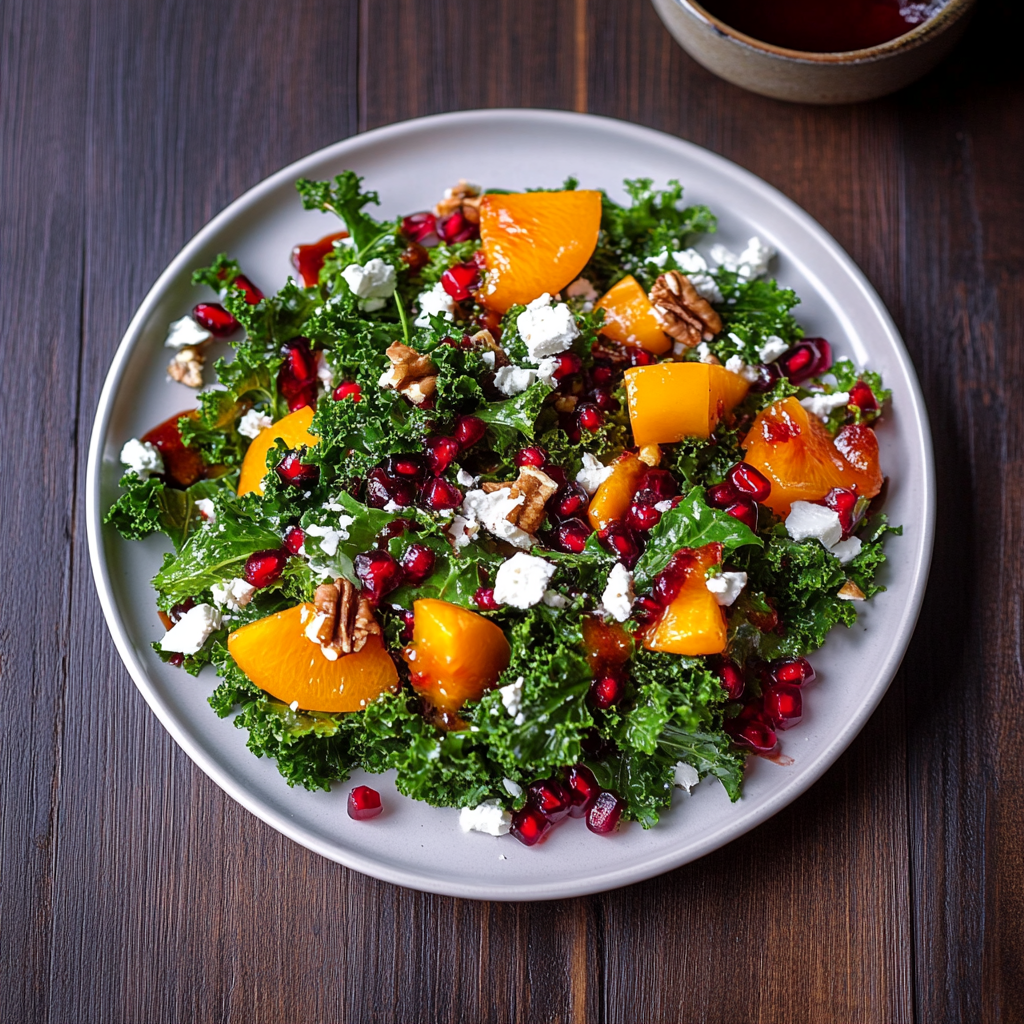 Recipe preparation for Holiday Salad with Kale, Persimmon and Pomegranate