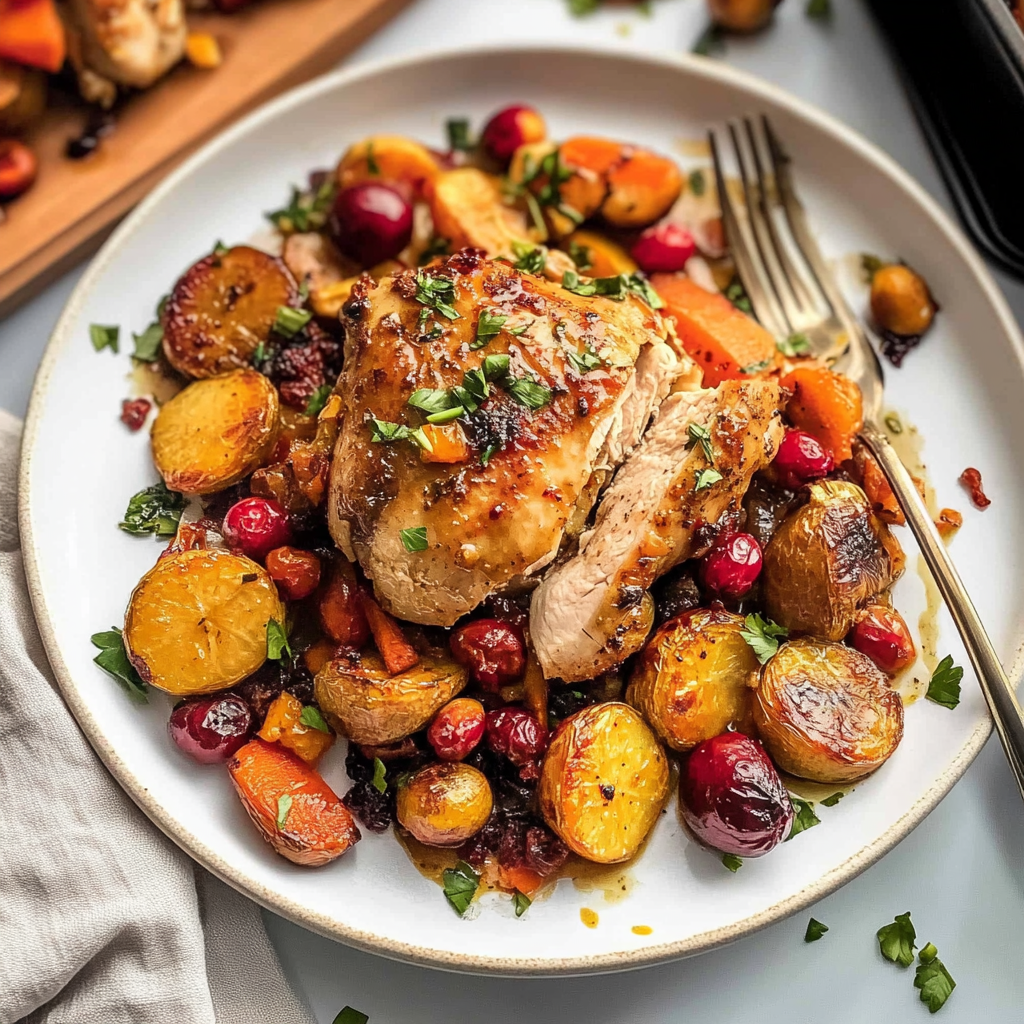 Recipe preparation for Sheet Pan Cranberry Dijon Chicken with Roasted Root Vegetables