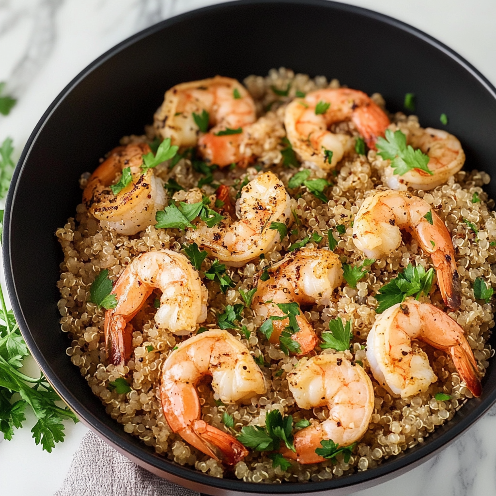 Recipe preparation for 30-Minute Garlic Shrimp and Quinoa Bowl
