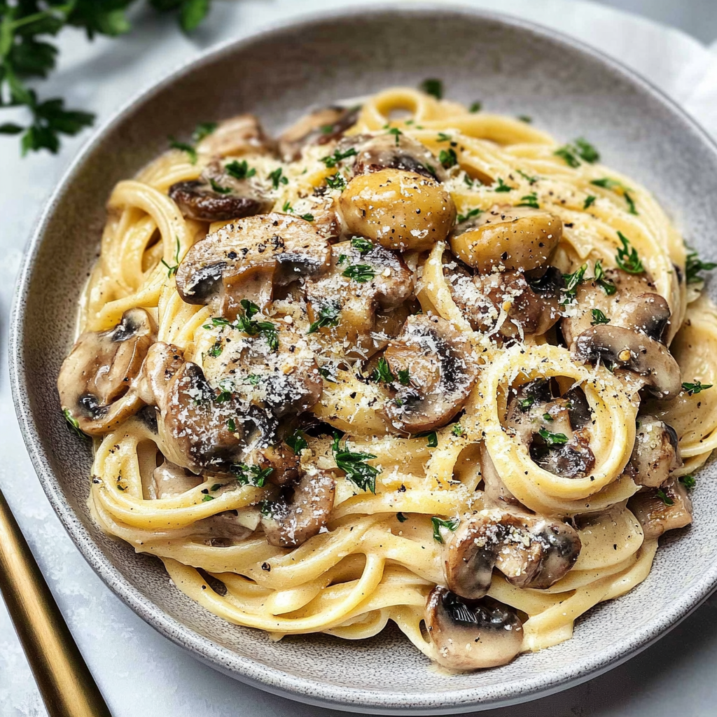 Recipe preparation for 30-Minute Creamy Mushroom and Thyme Pasta