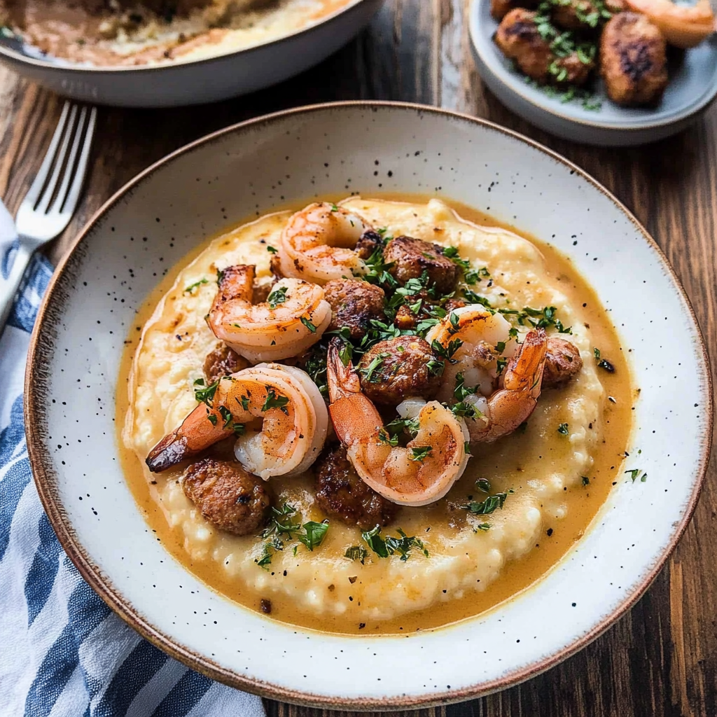 Recipe preparation for 30-Minute Shrimp and Grits with Spicy Smoked Sausage