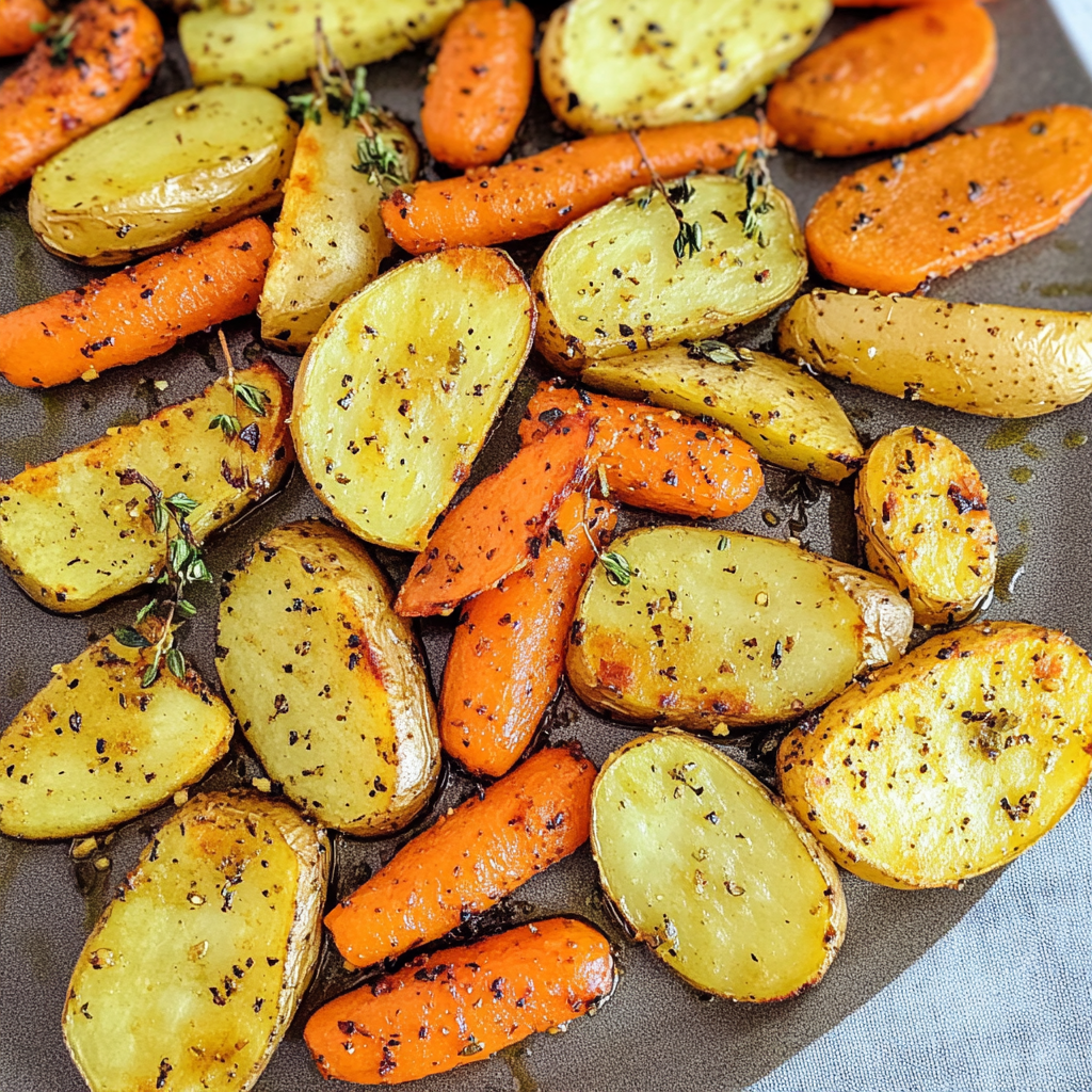 Recipe preparation for Crispy Oven Roasted Potatoes and Carrots