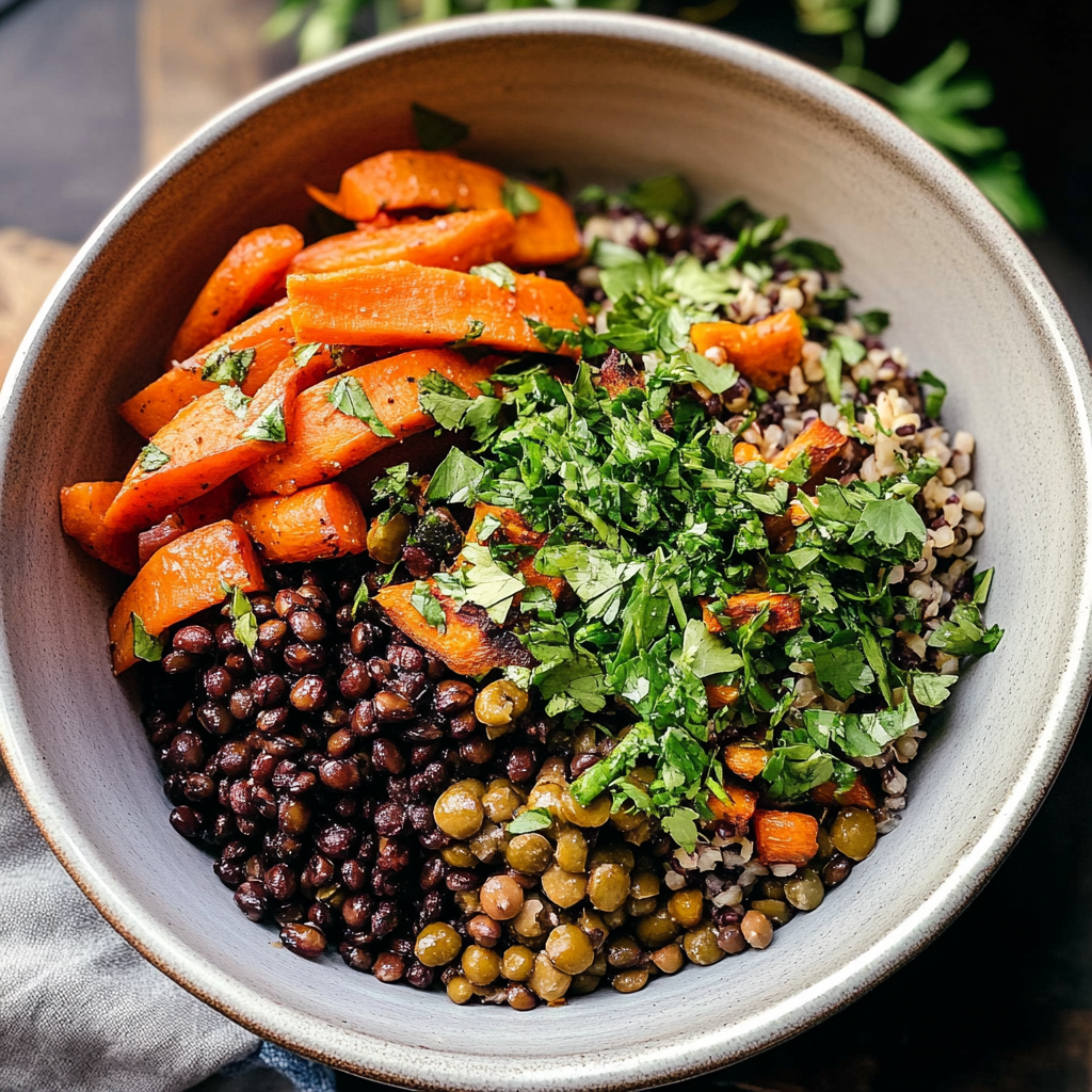 Recipe preparation for High-Fiber Black Lentil & Roasted Carrot Salad