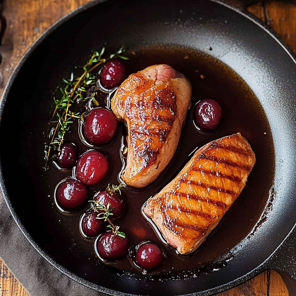 Recipe preparation for pan seared duck breast with cherry sauce