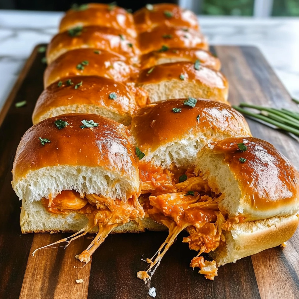 Recipe preparation for Buffalo Chicken Sliders on Hawaiian Rolls
